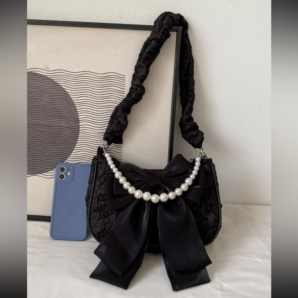 Black lace crossbody bag with pearl top handle & ribbon bow | Coquette Style NWT - Picture 4 of 11